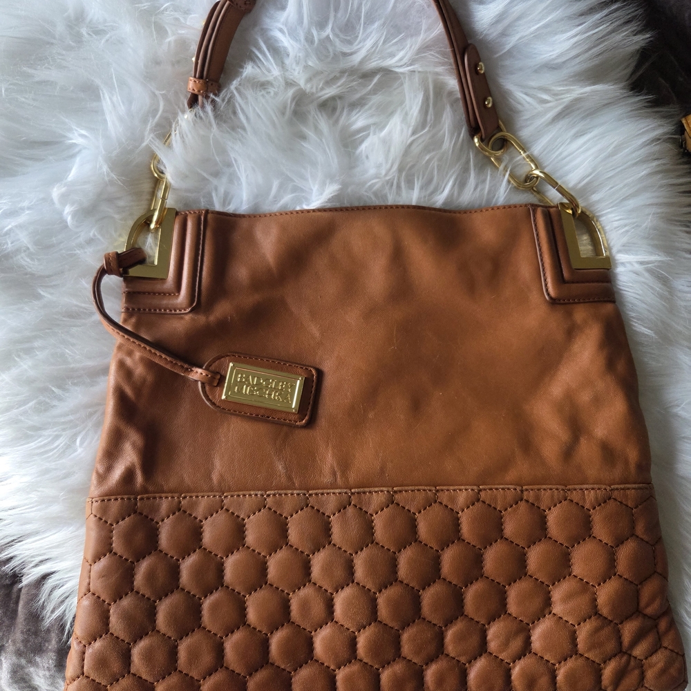 Cognac Quilted Leather Shoulder Bag with Gold Hardware